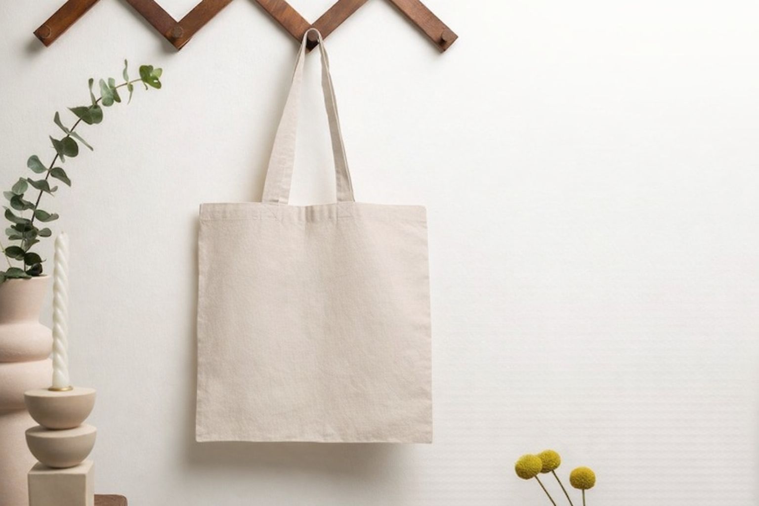 En enkel, ofärgad tygpåse hänger på en träkrok, redo att anpassas.